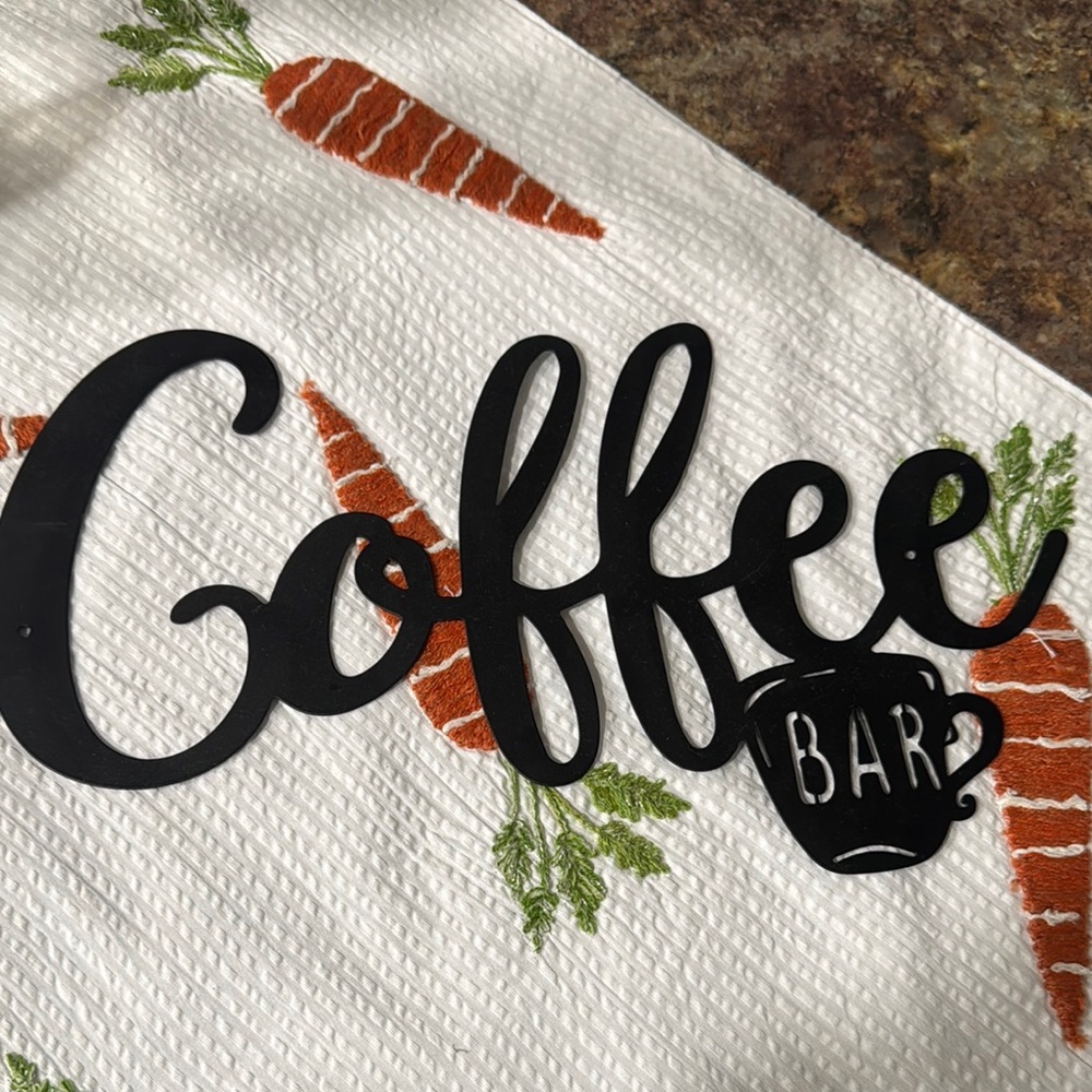 Black Coffee Kitchen Towel with Carrot Design